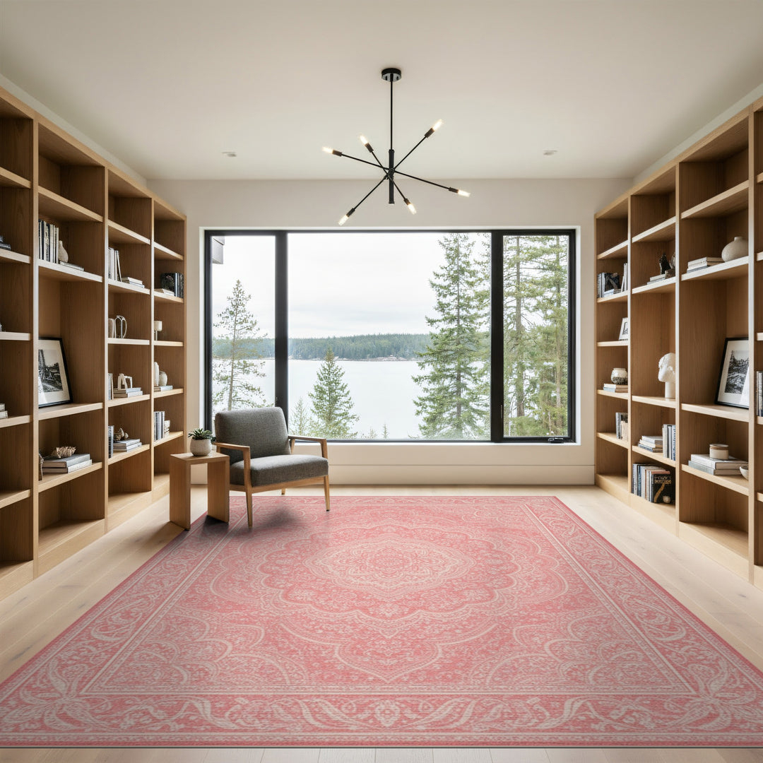 Pink Floral Medallion Washable Pink Area Rug