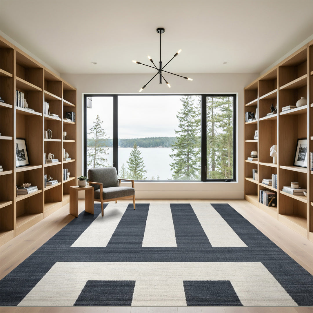 Navy Striped Geometric Washable Area Rug