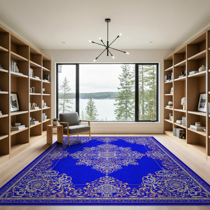 Blue and Teal Blue Gold Traditional Persian Area Rug
