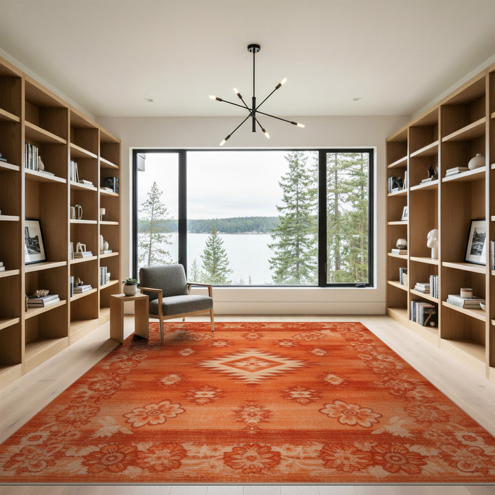 Orange Southwestern Area Rug with Floral Border