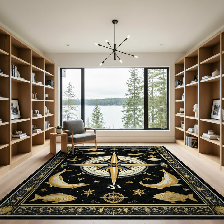 Nautical Gold Compass Area Rug