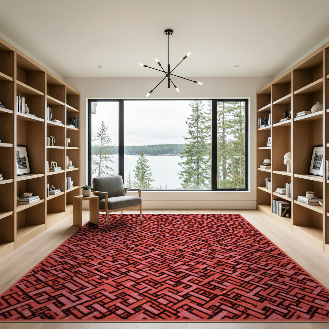Maze Red Geometric Maze Area Rug
