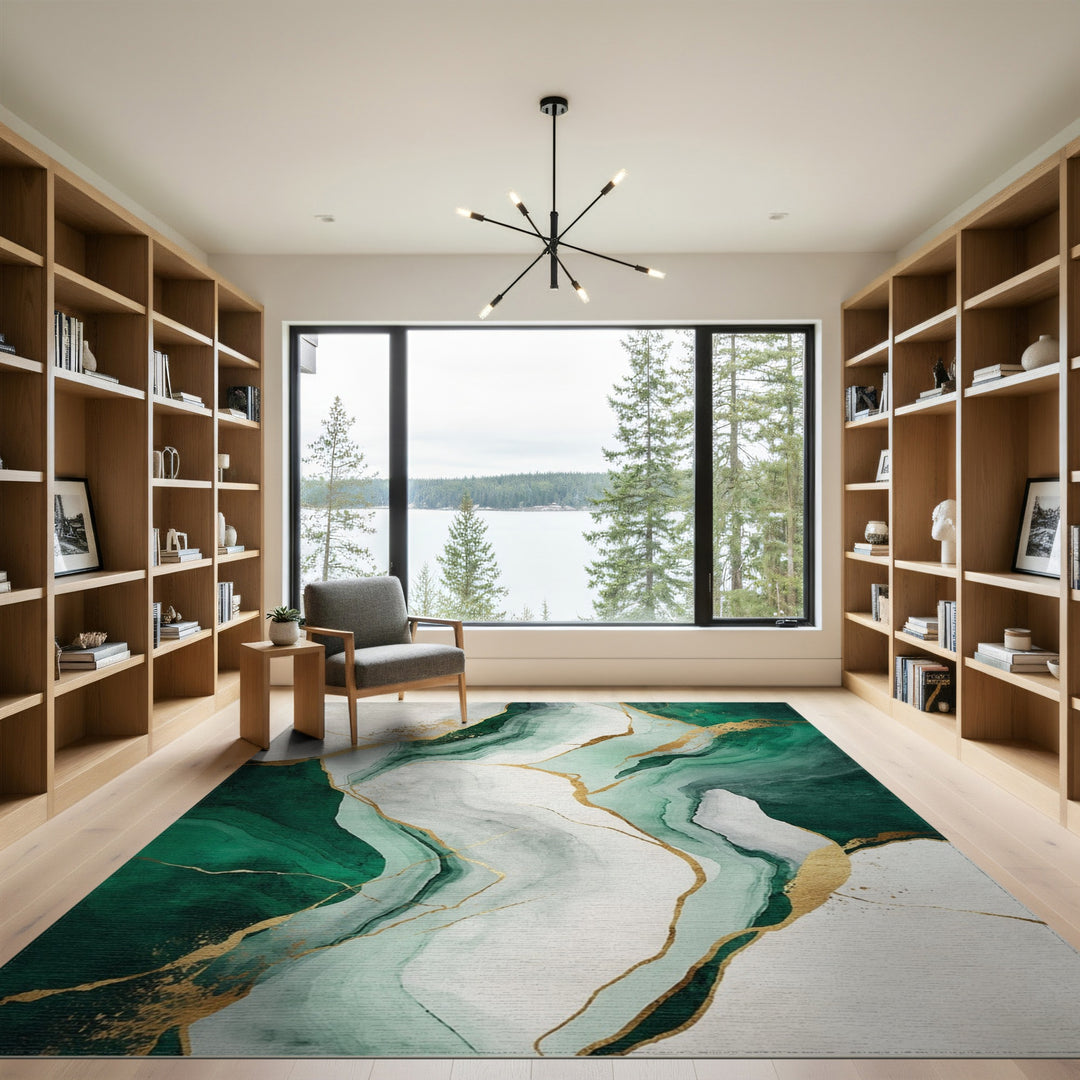Green Abstract Gold Vein Area Rug