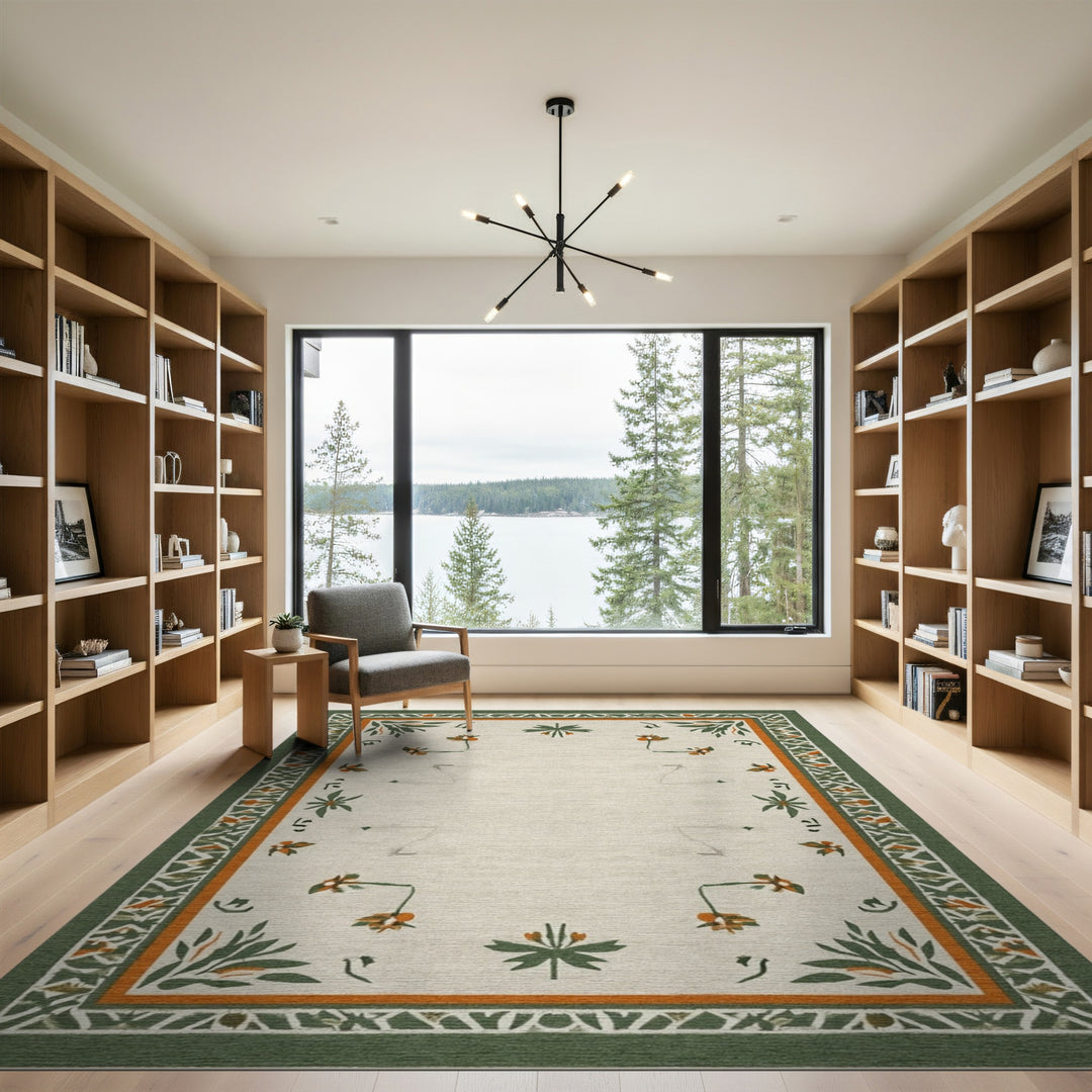 Floral Vintage Beige Area Rug with Green Border