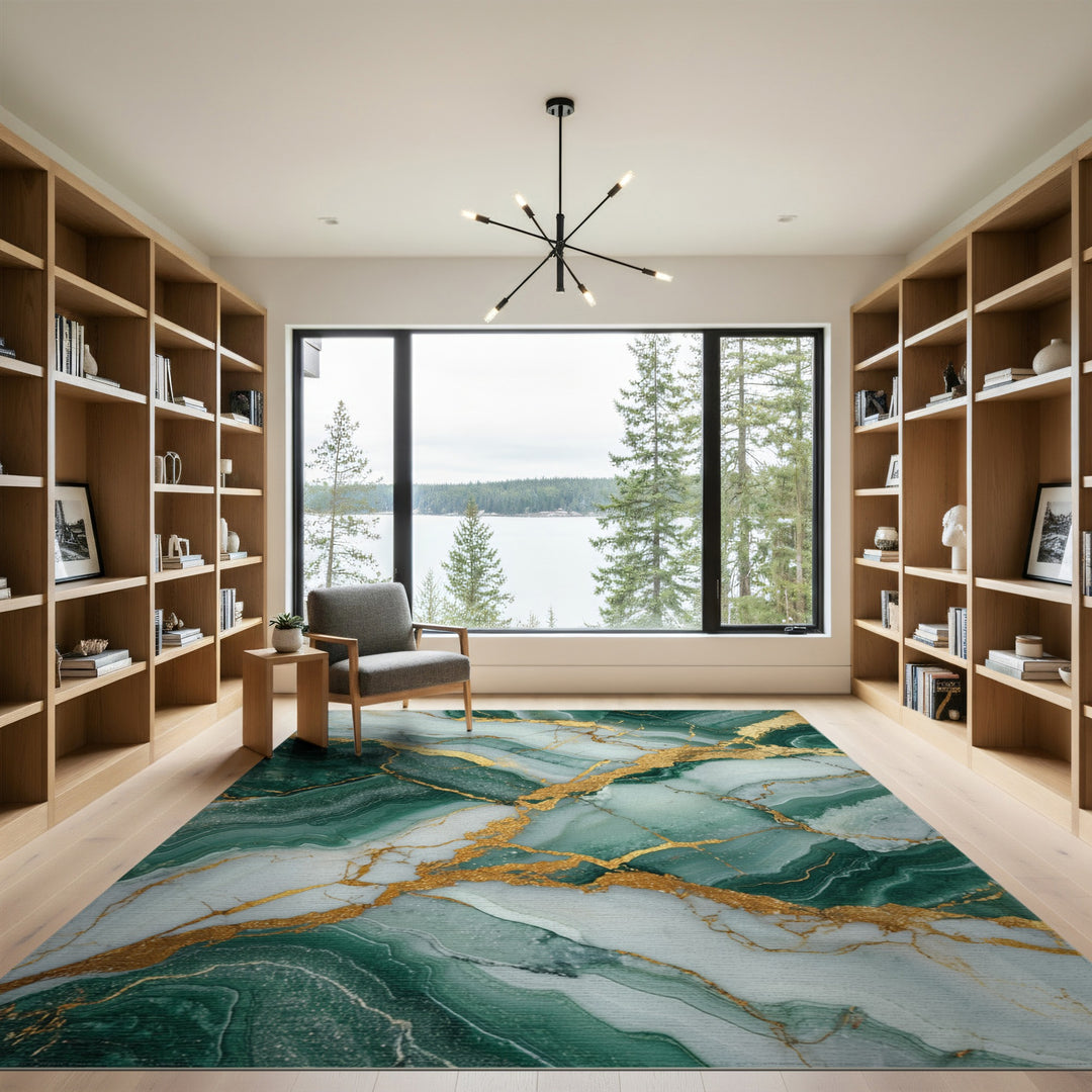 Green Abstract Area Green Marble Gold Vein Area Rug