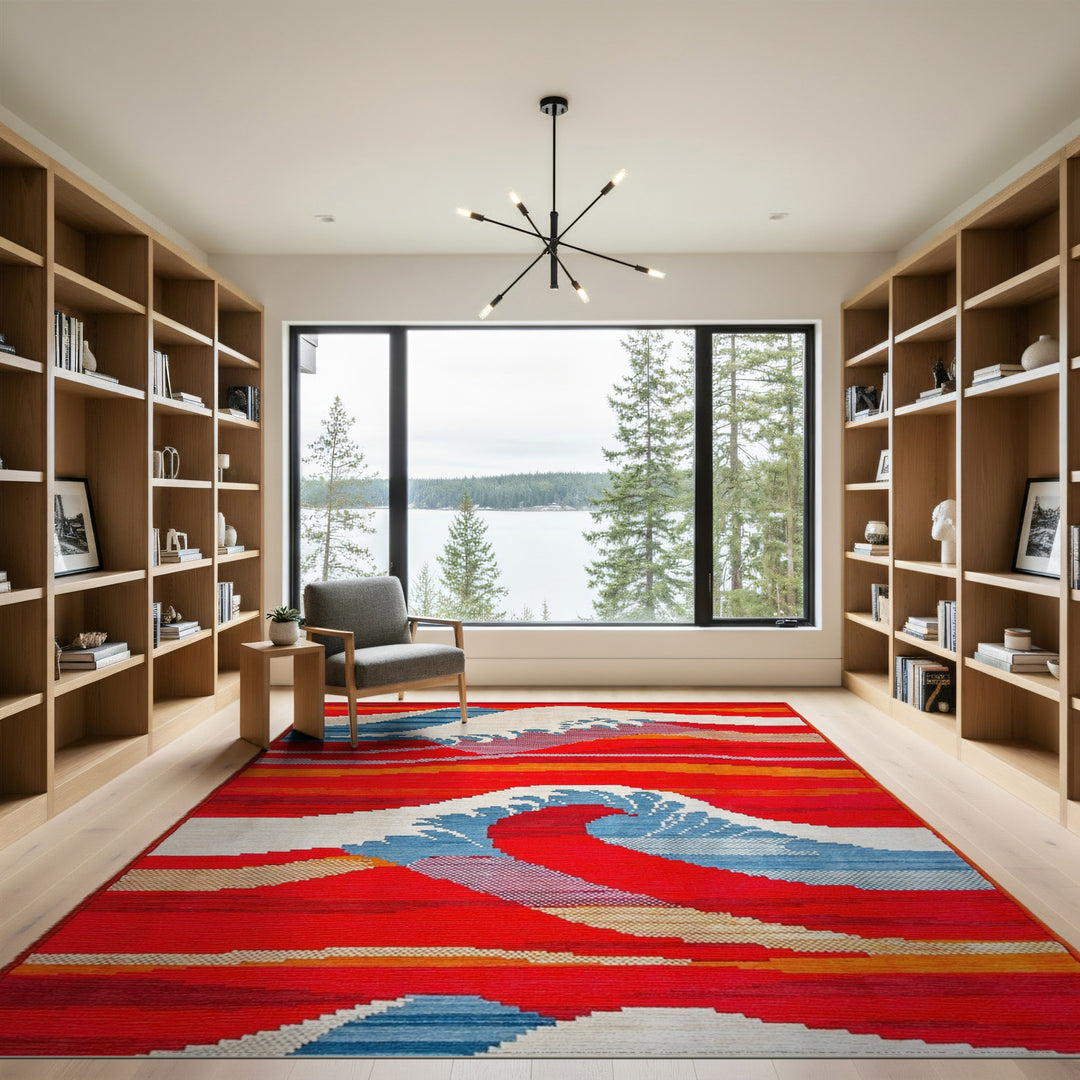 Abstract Area Red Vibrant Red Wave Abstract Area Rug