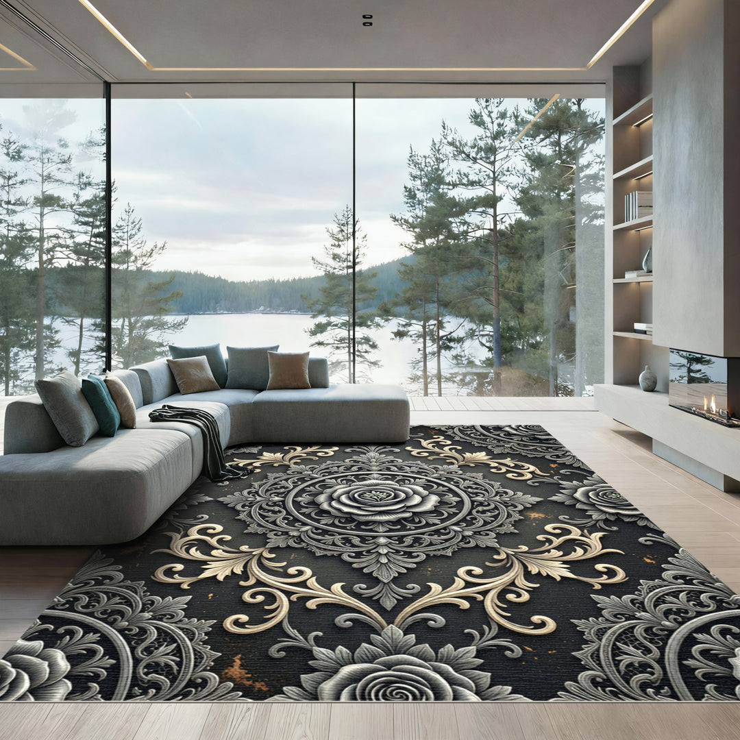 Ornate Silver Rose Mandala Rug