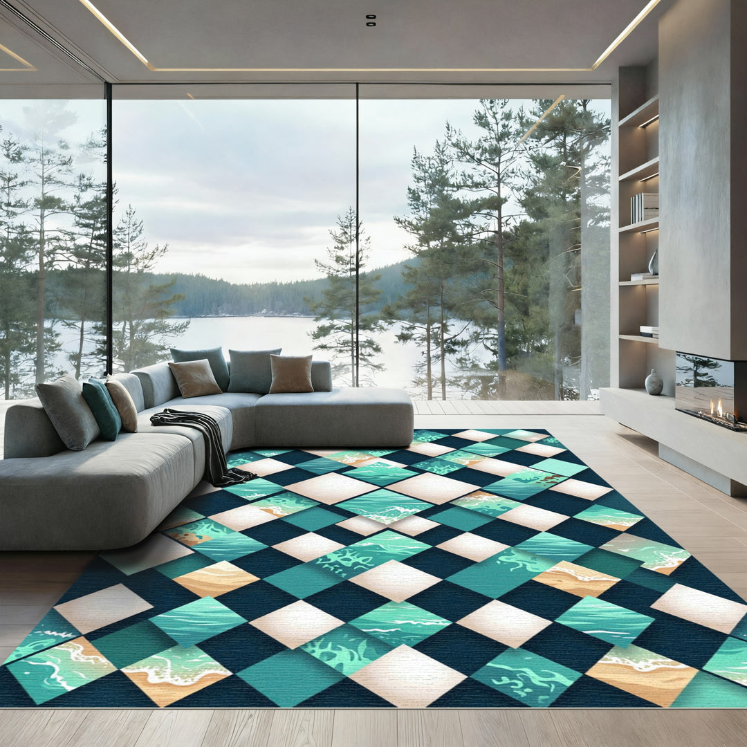 Ocean Waves Geometric Diamond Composition Rug