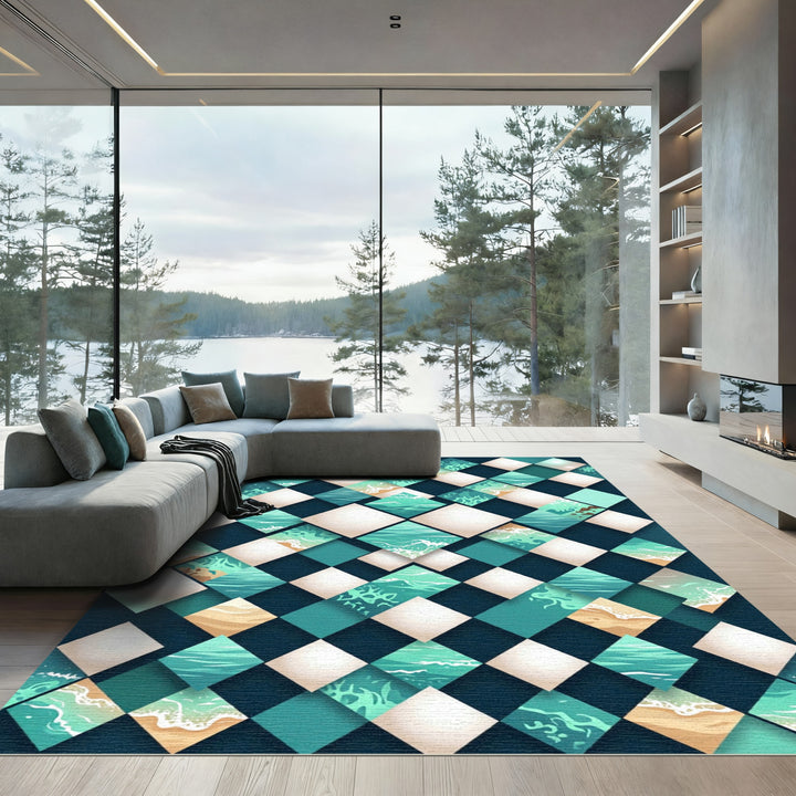 Ocean Waves Geometric Diamond Composition Rug