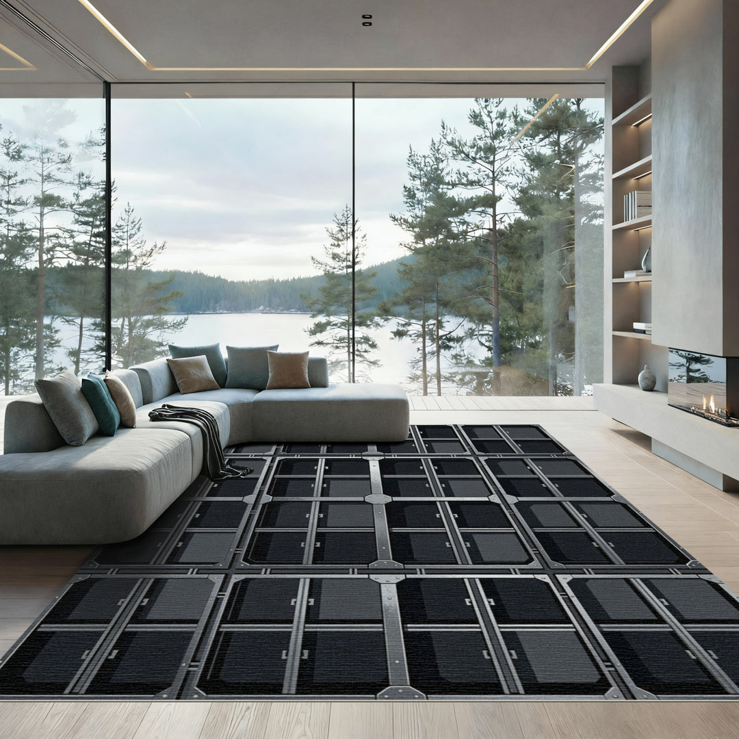 Industrial Gray Stacked Grid Rug