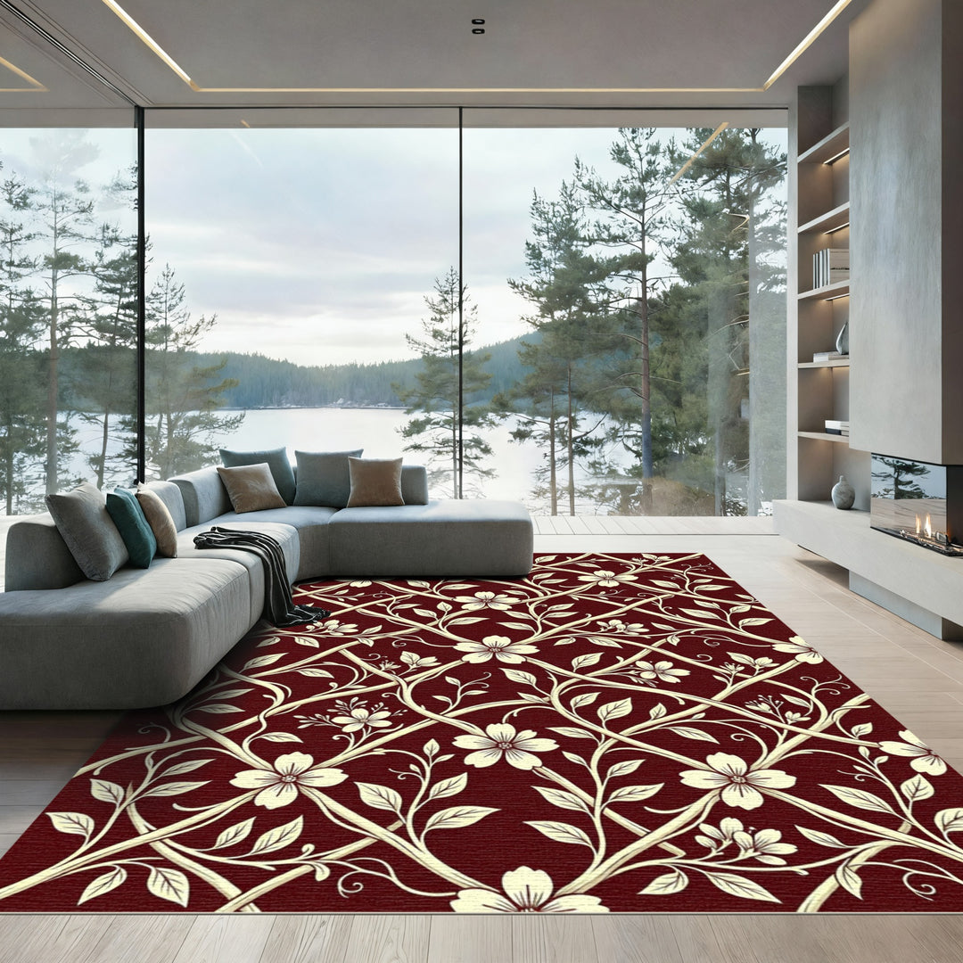Cream Floral Vine Lattice Rug