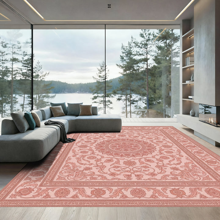 Delicate Pink Floral Mandala Border Rug