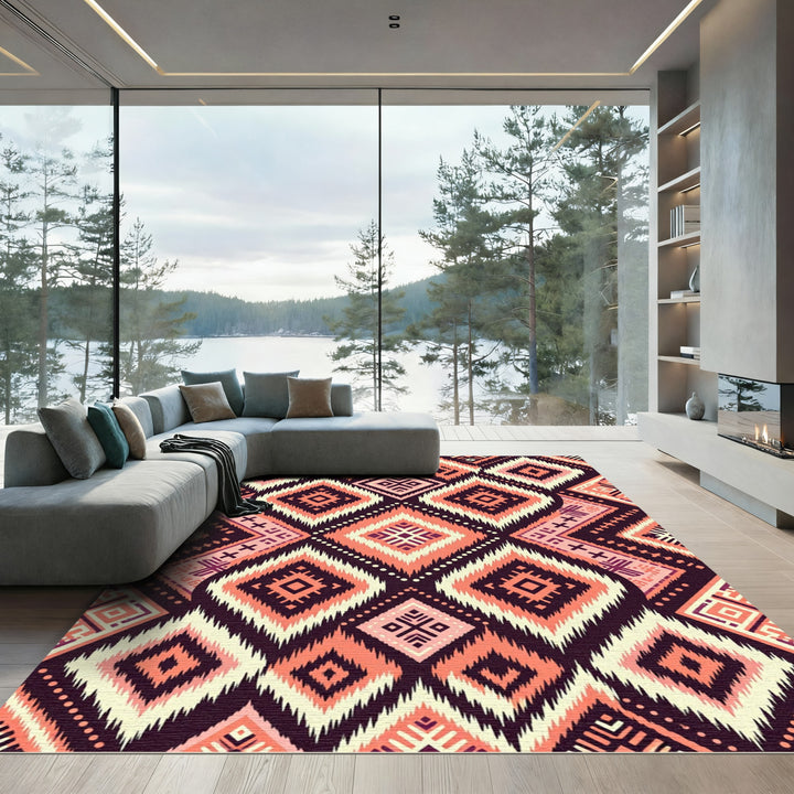 Coral Diamond Tribal Geometric Loom Rug