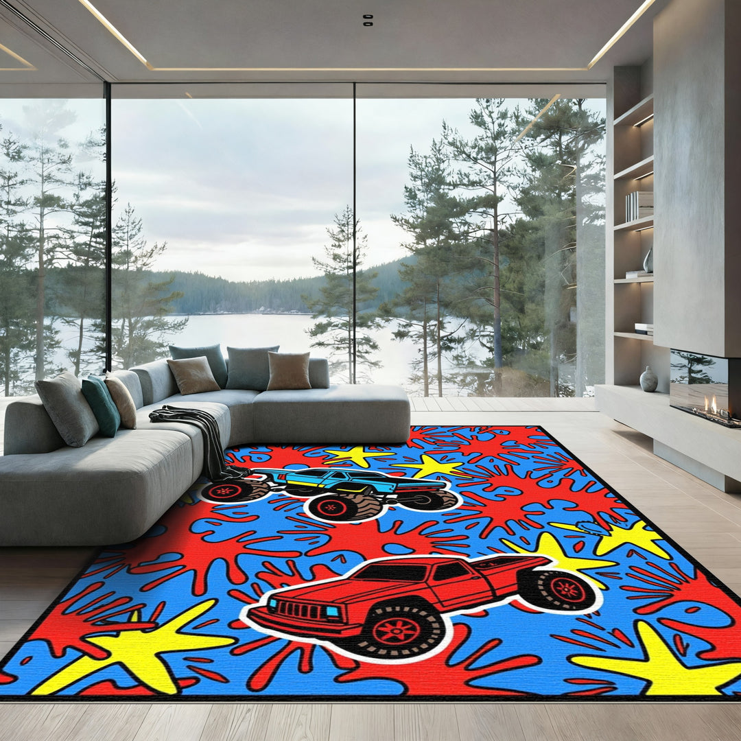 Blue Red Yellow Monster Truck Splatter Rug