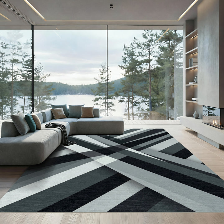 Monochrome Abstract Geometric Intersection Rug