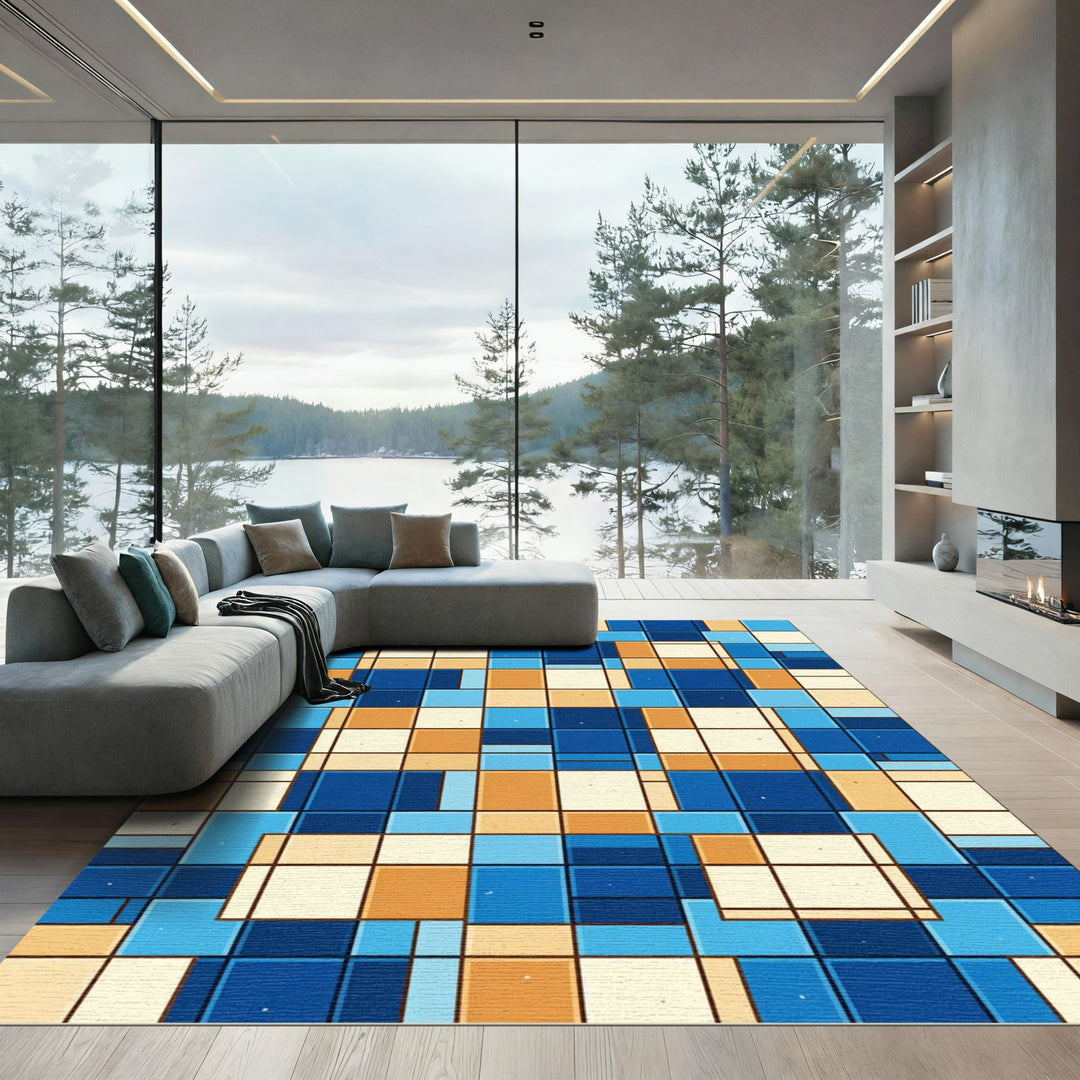 Modern Geometric Blue Orange Squares Rug