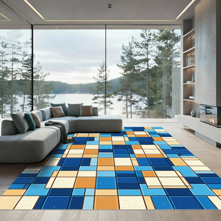 Modern Geometric Blue Orange Squares Rug