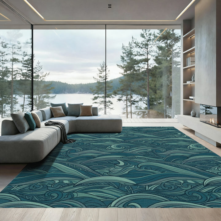 Deep Teal Ocean Waves Abstract Rug