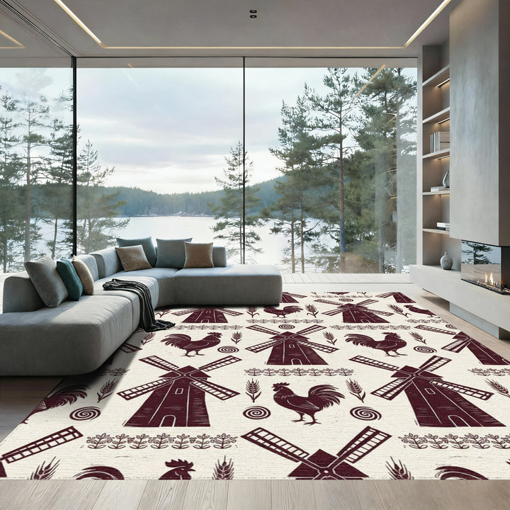 Farmhouse Windmill Rooster Wheat Border Rug