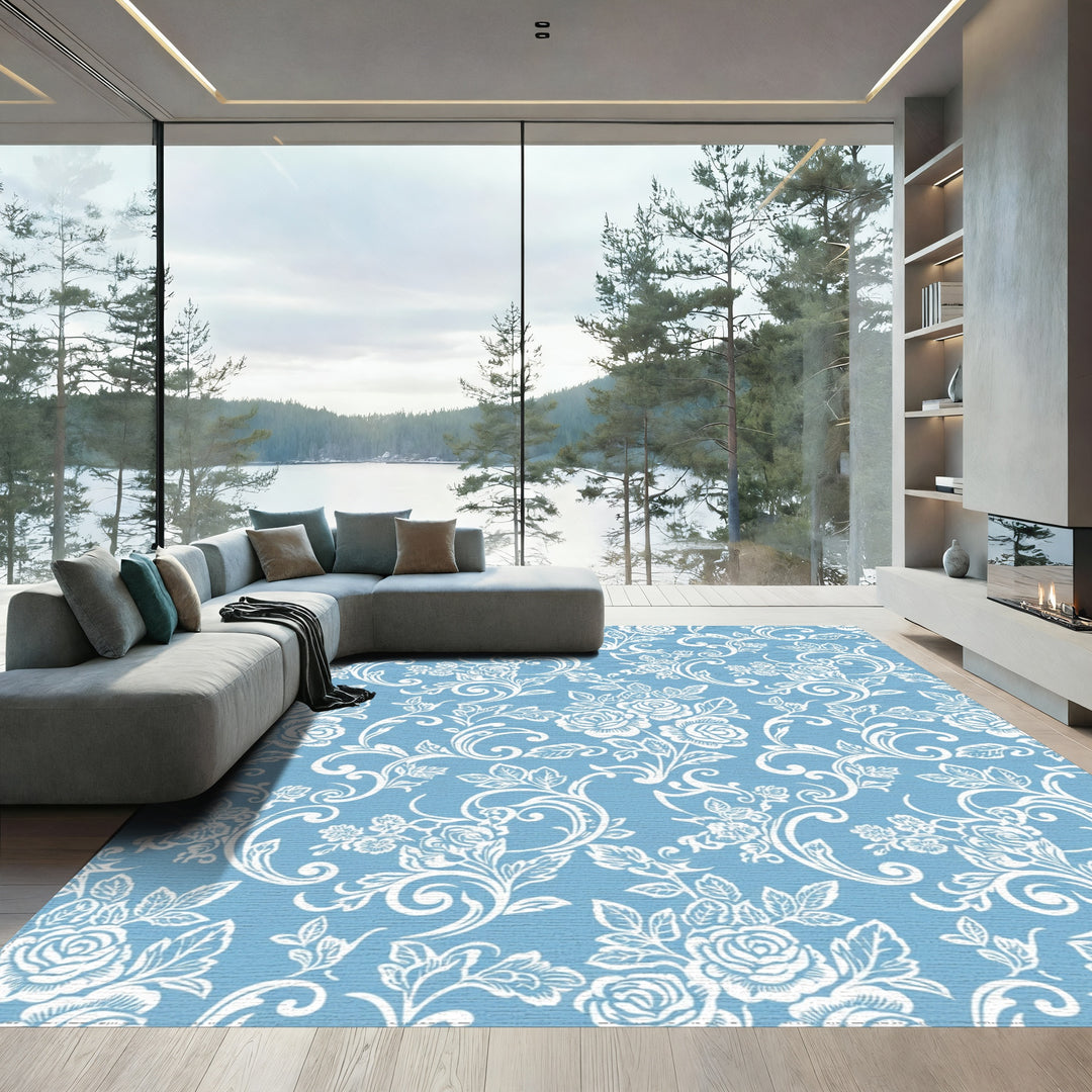 Powder Blue Rose Vine Scroll Rug