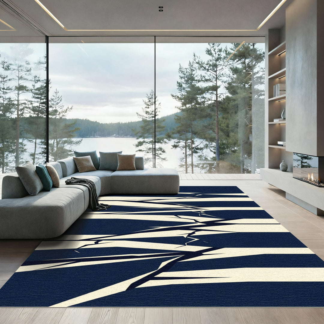 Deep Blue Cracked Cream Stripe Rug