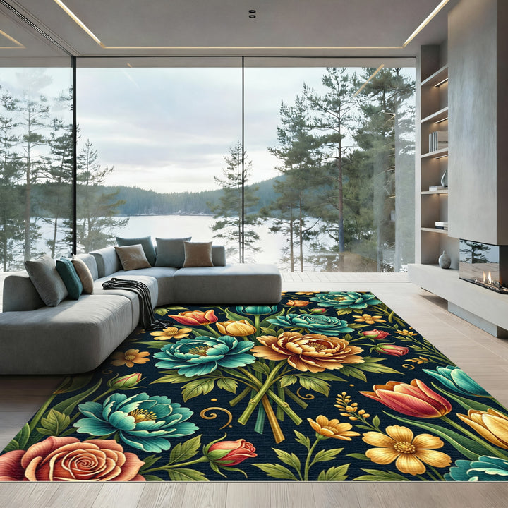 Victorian Turquoise Floral Garden Rug