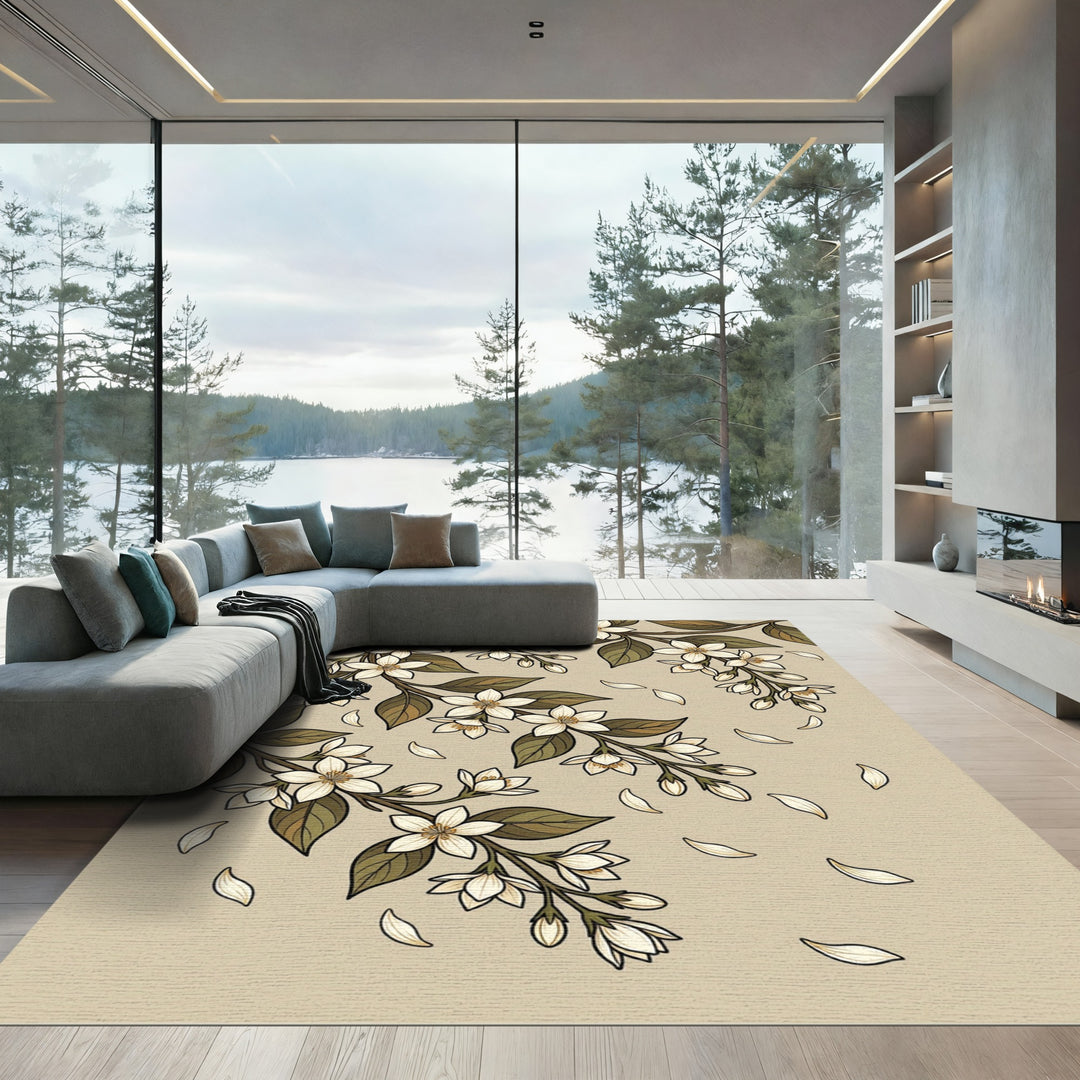 Cream Floral Branches Falling Petals Rug