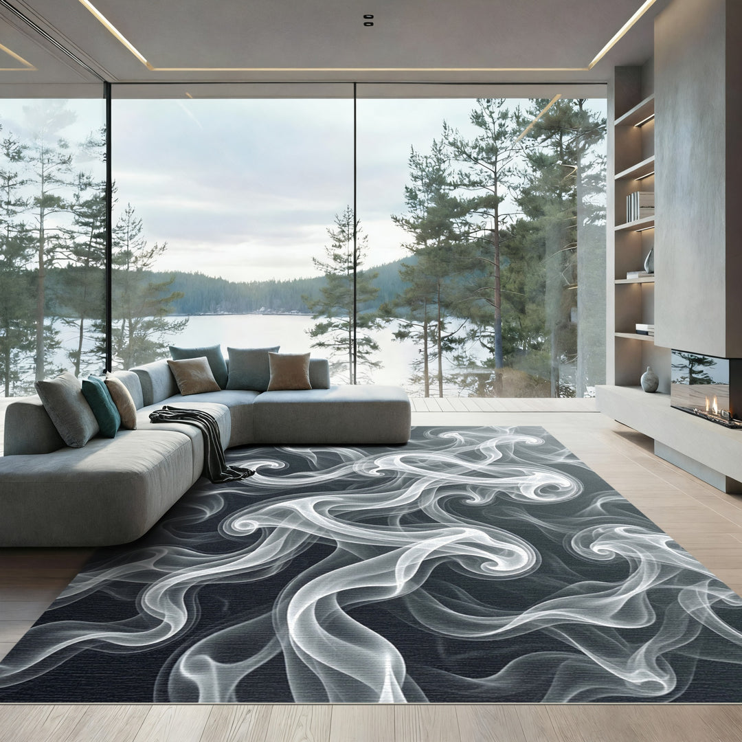 Abstract White Swirl Smoke Rug
