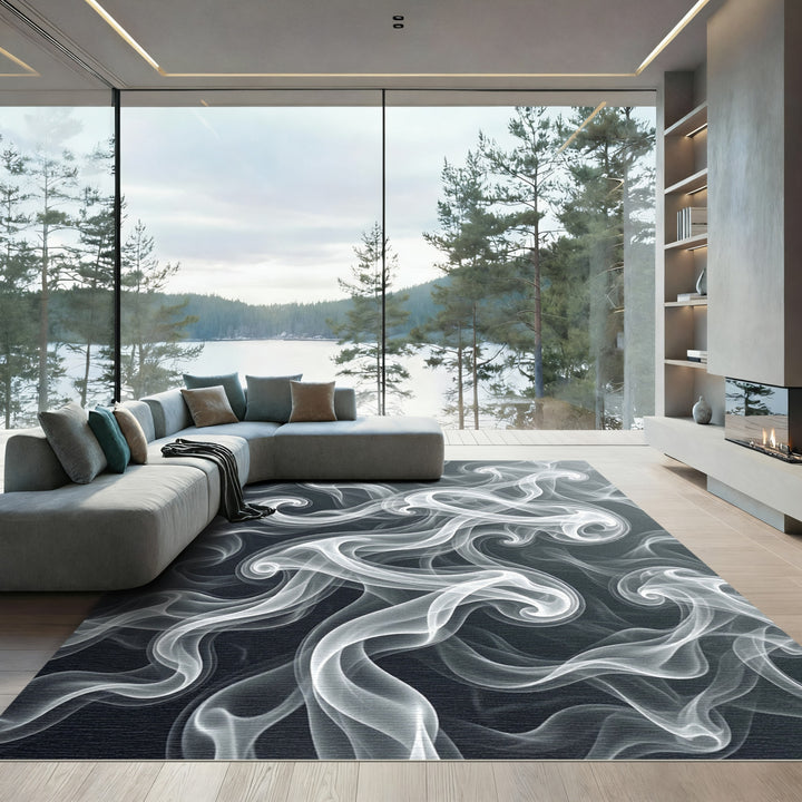 Abstract White Swirl Smoke Rug