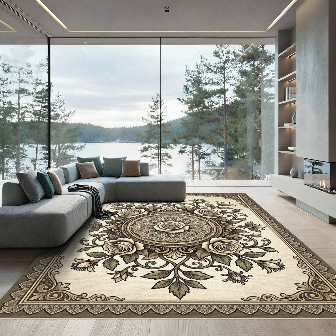 Vintage Cream Rose Lace Medallion Rug