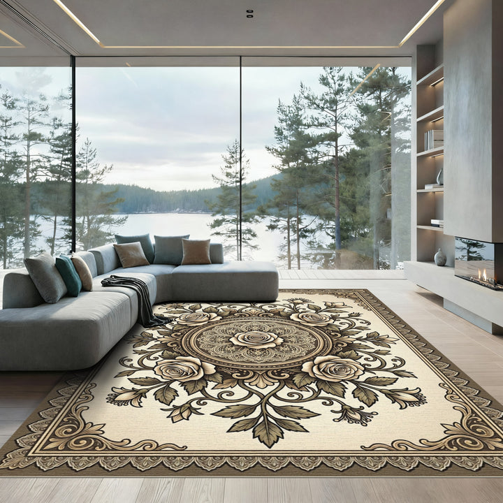 Vintage Cream Rose Lace Medallion Rug