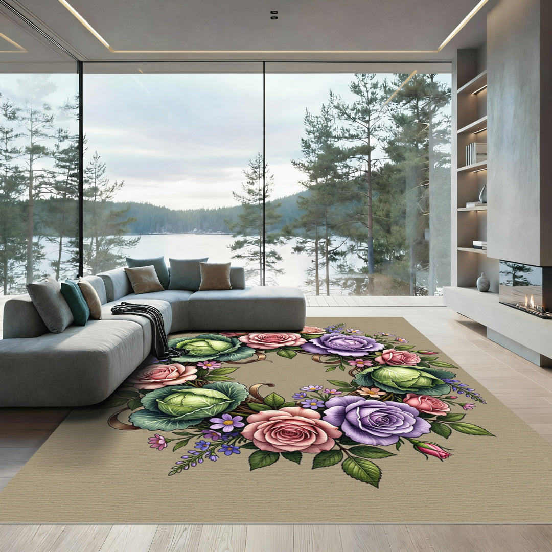 Vintage Rose Cabbage Garden Wreath Rug