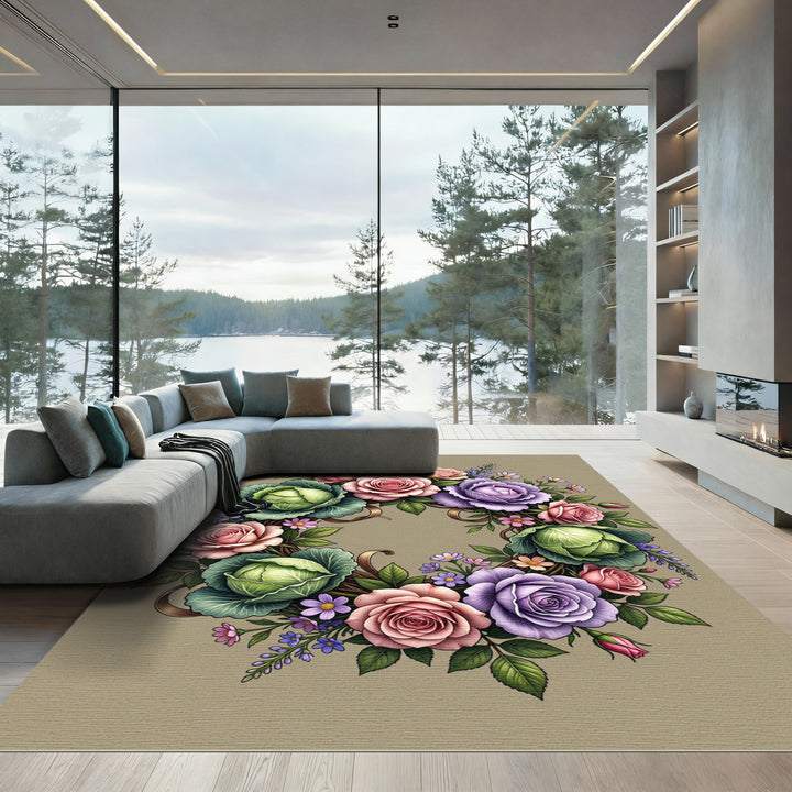Vintage Rose Cabbage Garden Wreath Rug