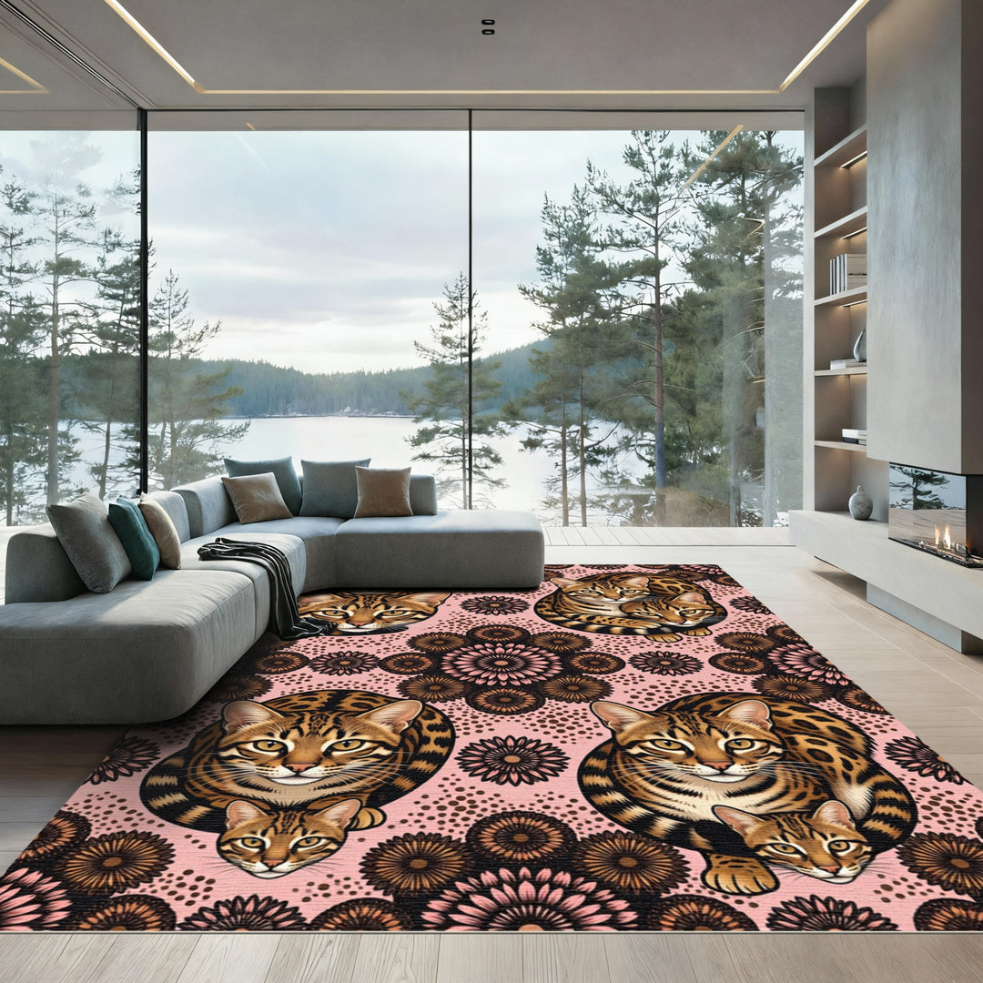 Bengal Cat Floral Pink And Brown Rug