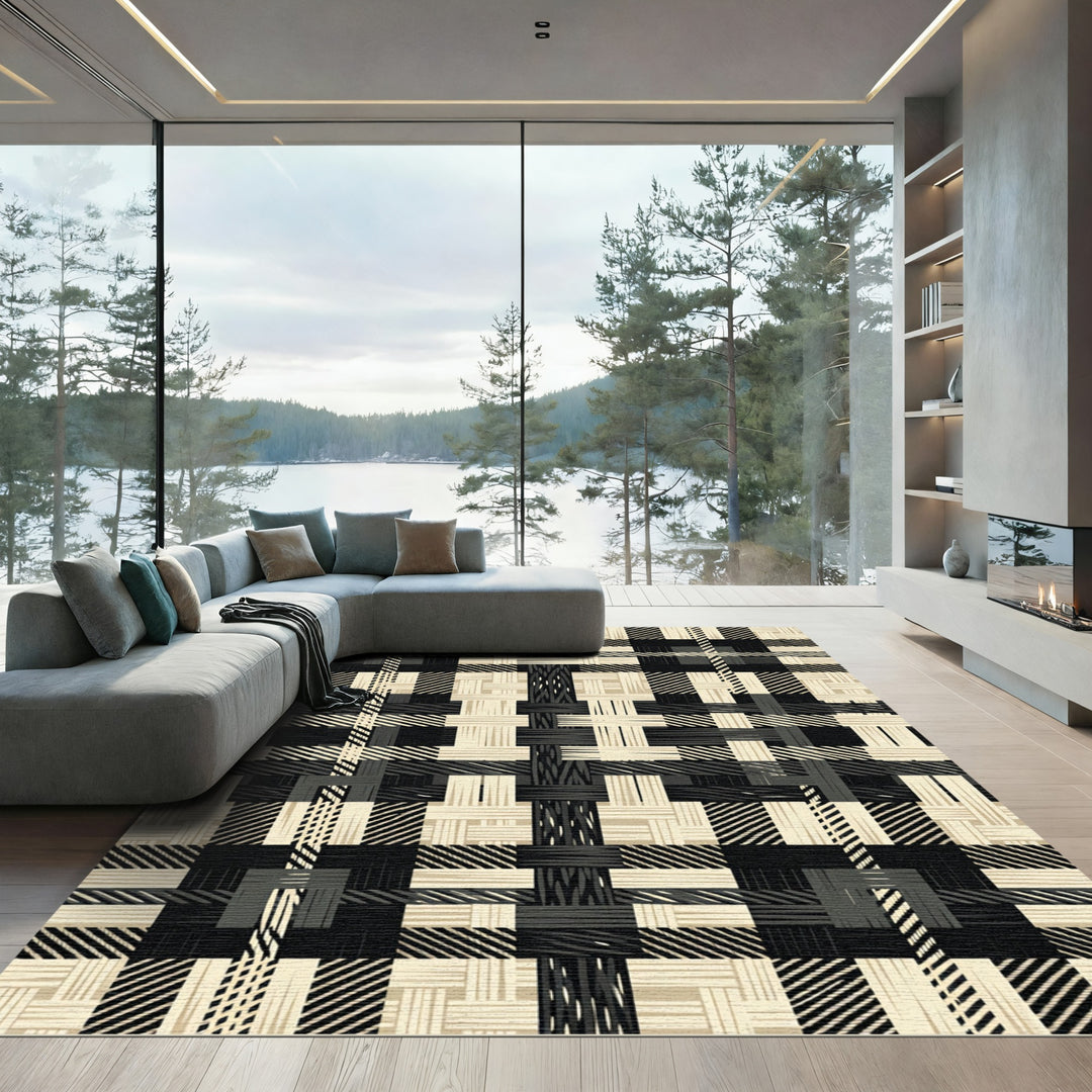 Monochrome Plaid Woven Geometric Rug