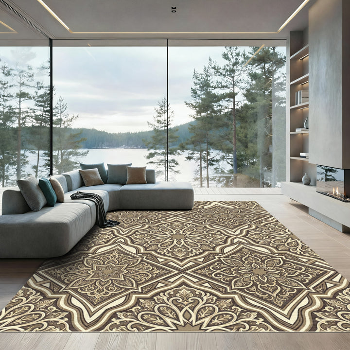 Ornate Brown Geometric Floral Inlay Rug