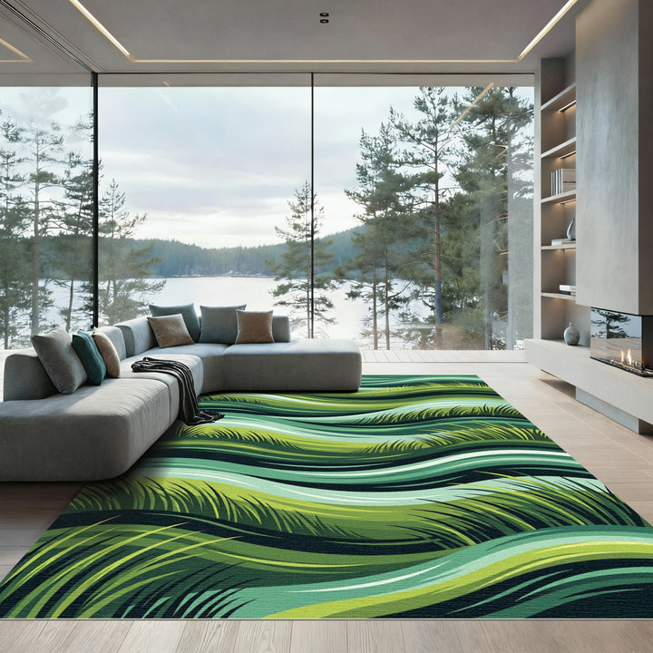 Emerald Green Wavy Grass Landscape Rug