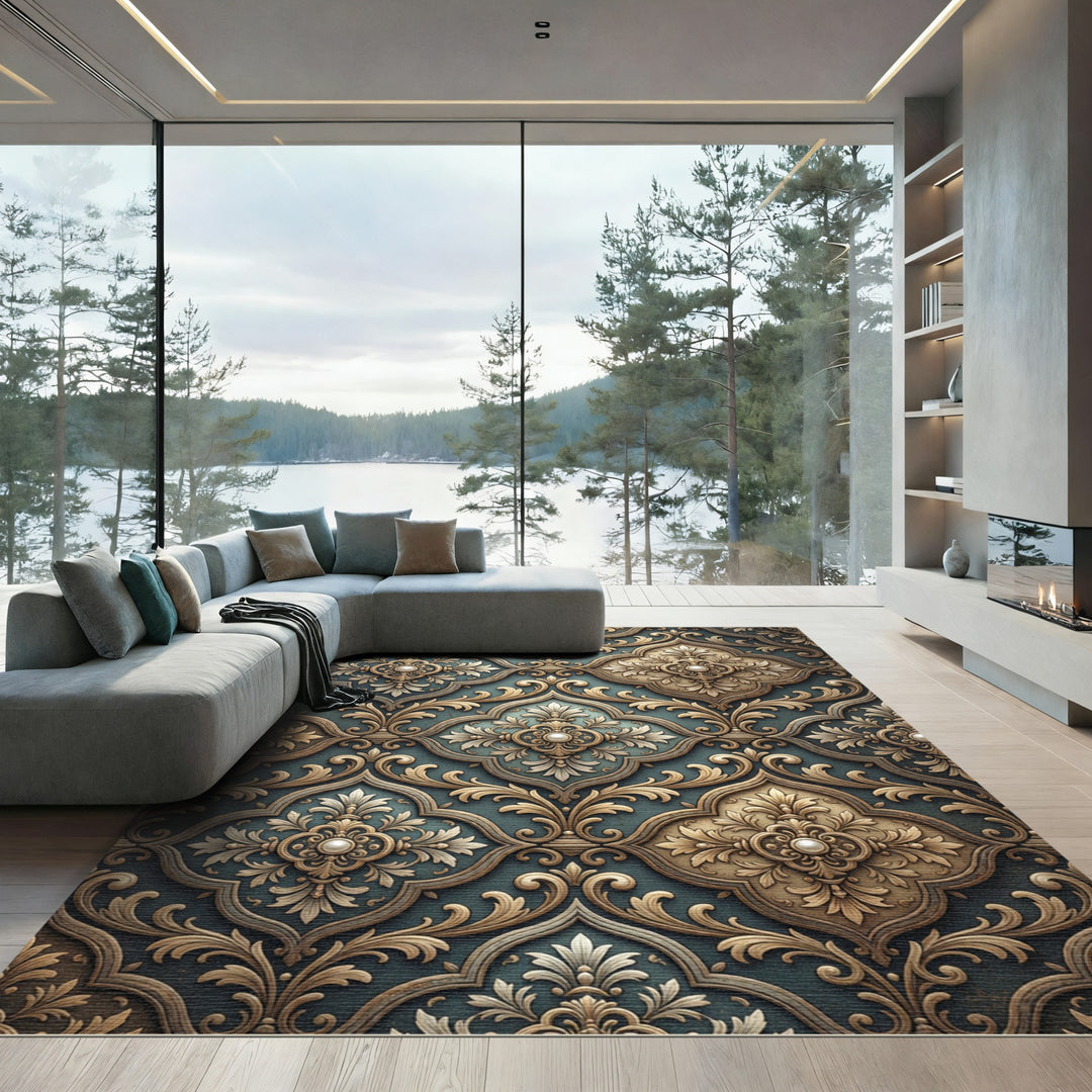 Ornate Gold Teal Damask Rug