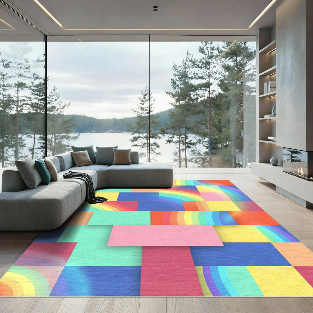 Vibrant Rainbow Geometric Blocks Rug