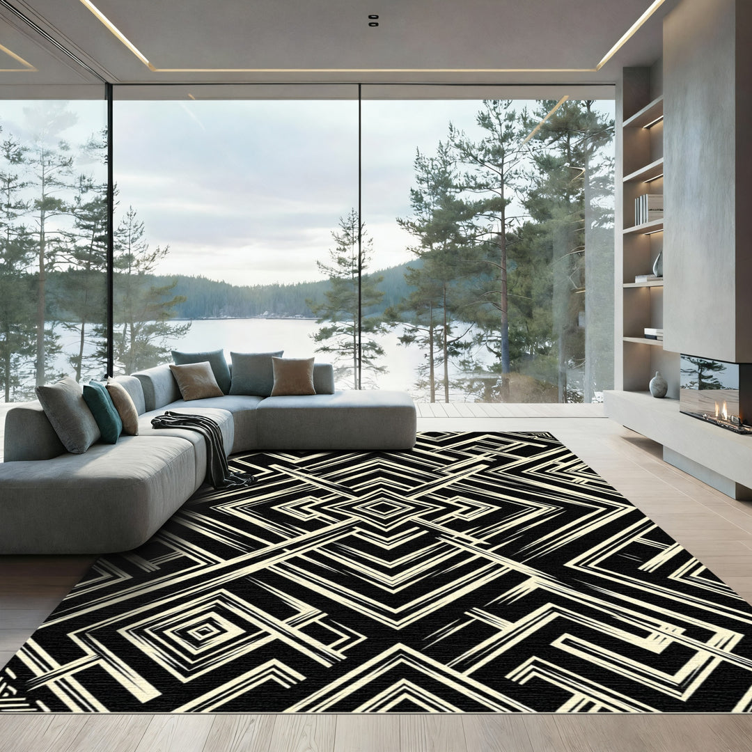 Bold Black Cream Geometric Line Rug
