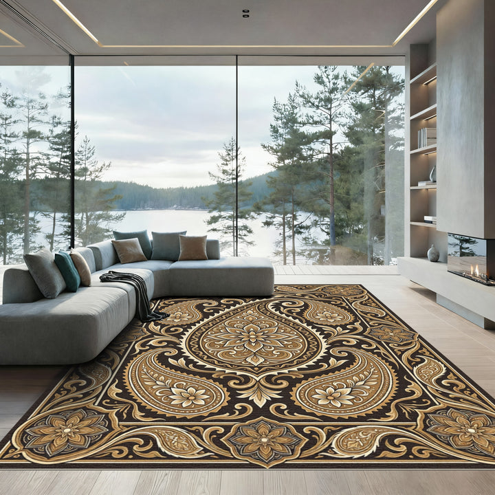 Ornate Brown Paisley Floral Frame Rug