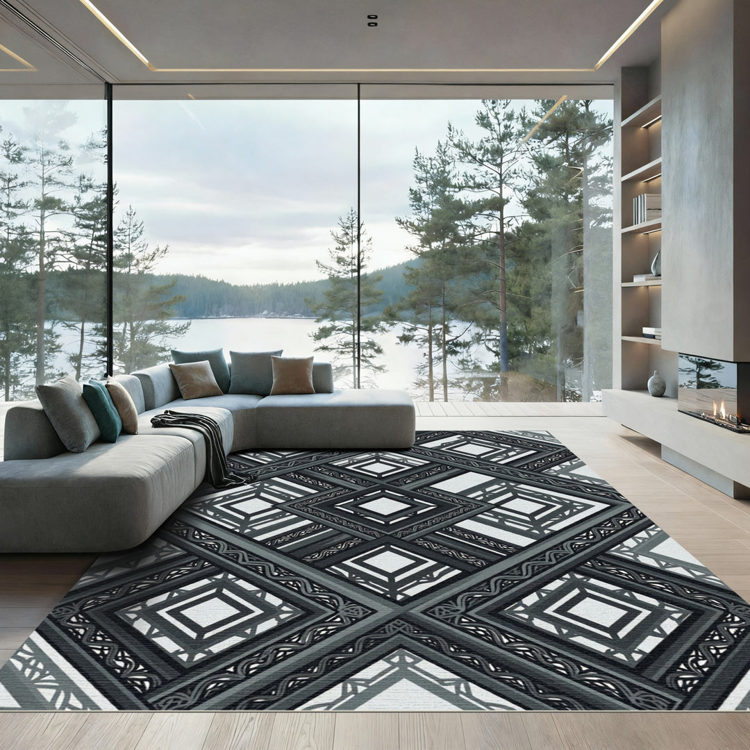 Black and Gray Geometric Diamond Brocade Rug