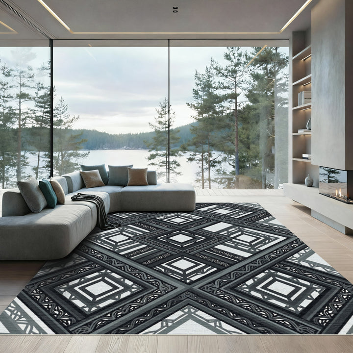 Black and Gray Geometric Diamond Brocade Rug