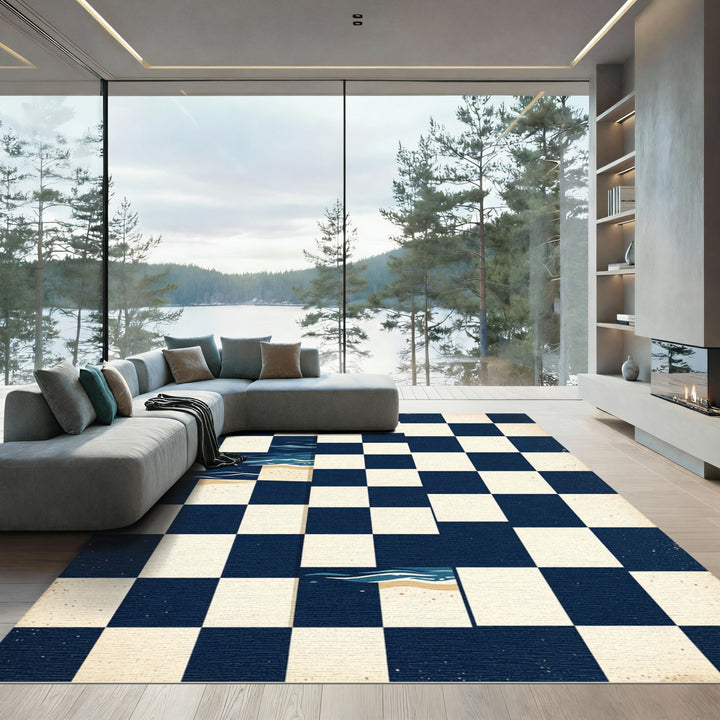 Abstract Coastal Chessboard Blue Rug