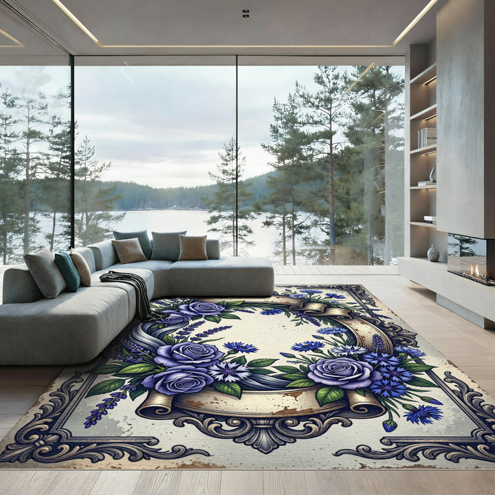 Vintage Lavender Rose Wreath Frame Rug