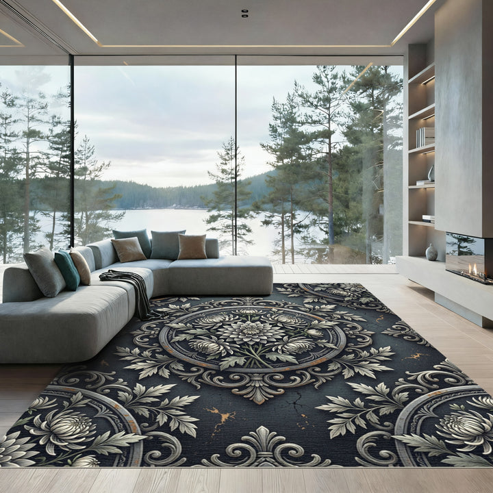 Ornate Chrysanthemum Medallion Artwork Rug
