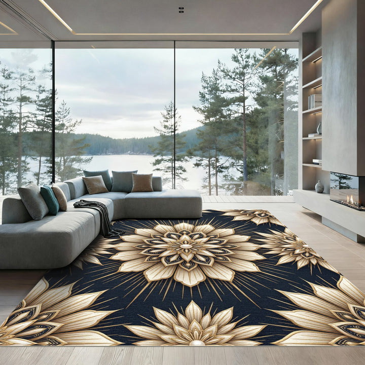 Elegant Gold Floral Mandala Rug
