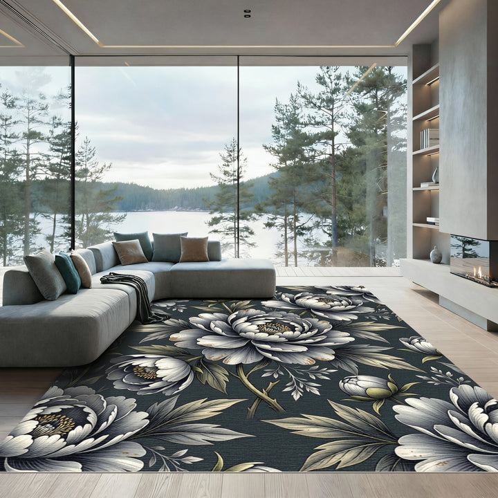 Monochromatic Floral Peony Botanical Rug