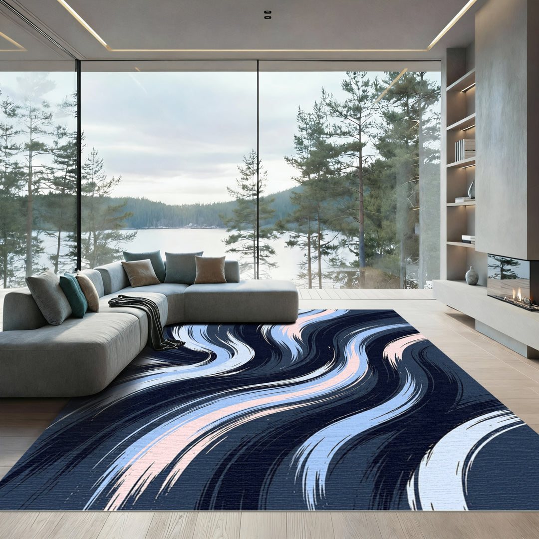 Dark Blue Abstract Brush Stroke Waves Rug