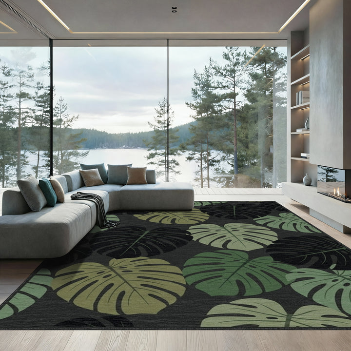 Monstera Leaves Dark Green Woodland Rug
